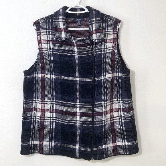 Chaps Womens Knit Sweater Moto Vest Size XXL Plaid Cotton Asymmetric Zip - Picture 2 of 8